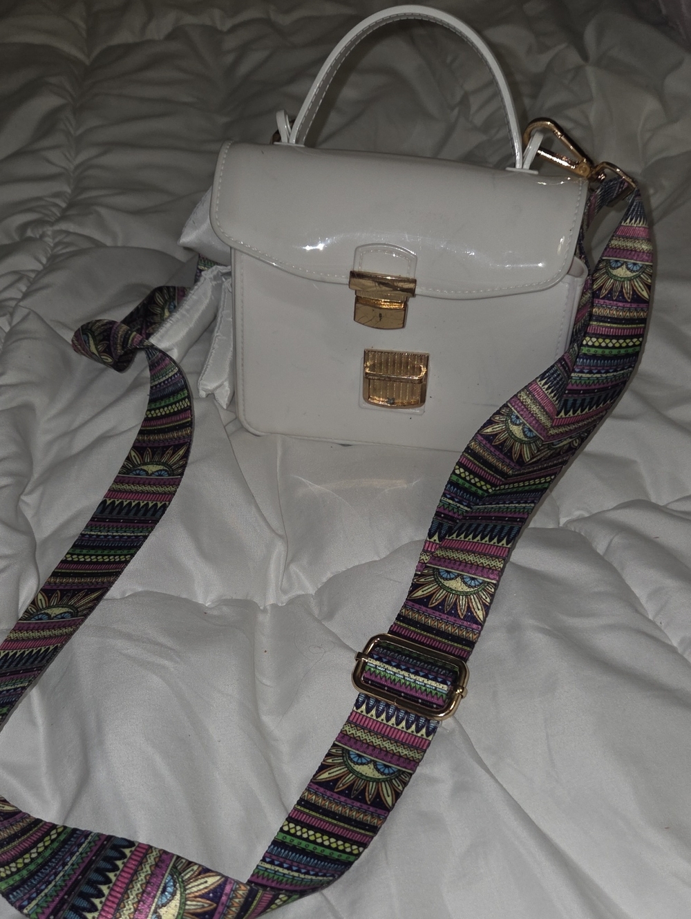 White Patent Top-Handle Crossbody Bag with Patterned Strap